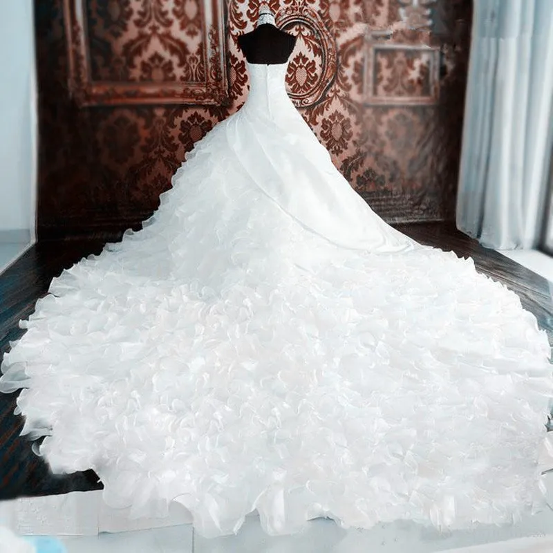 Robe de Mariée Personnalisée en Dentelle et Organza pour Femme, Tenue à Col Licou, avec Traîne, à Volants, pour Patients, Quelle que soit la Collection 2025