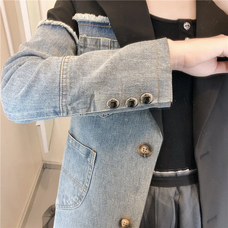 Fashion Denim Stitching Short Blazer Jackets Women Clothing 2023 New Spring Autumn Korean Jeans Coats Suit Jackets Tops g506