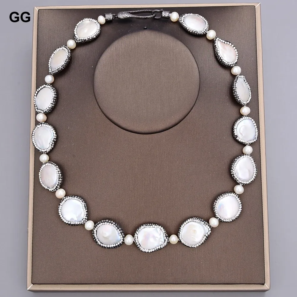 

GuaiGuai Jewelry 20" Natural White Coin Freshwater Pearl Black Macarsite Pave Necklace Handmade For Women