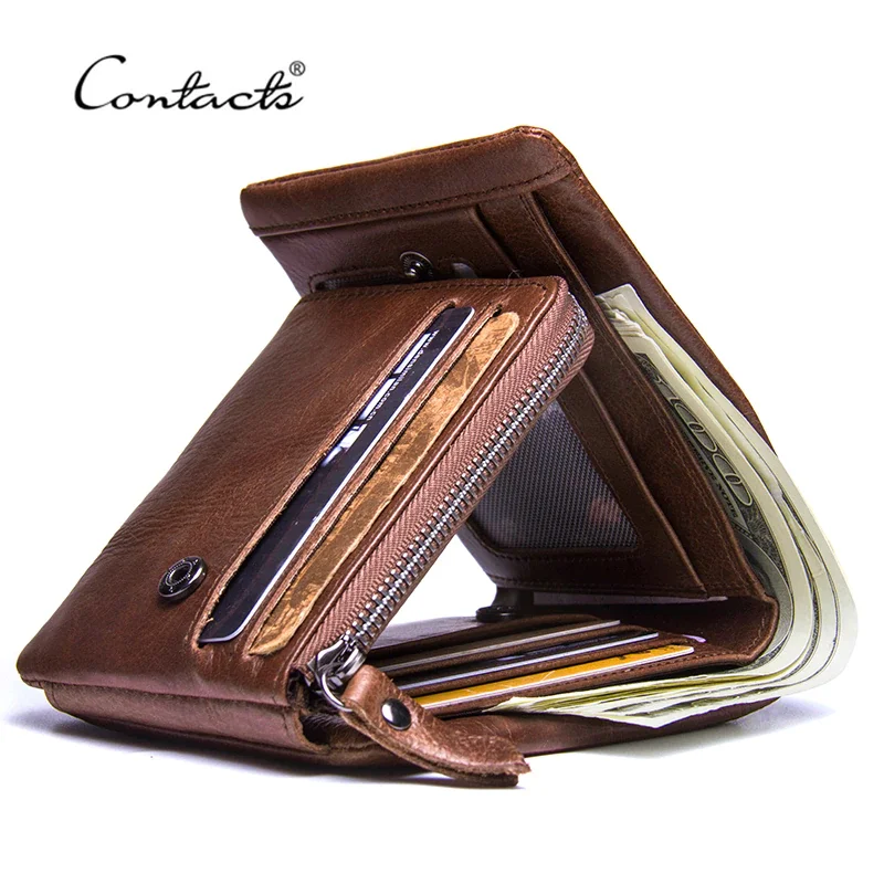 CONTACT\'S Genuine Crazy Horse Leather Men Wallets Vintage Trifold Wallet Zip Coin Pocket Purse Cowhide Leather Wallet For Mens