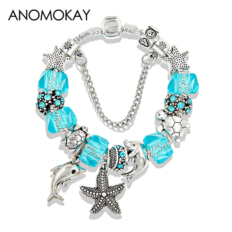 Dropshipping 5 Colors Ocean Starfish Dolphin Bead Bracelet DIY Crystal Charm Bracelets & Bangles Fashion Jewelry Gift Pulseras