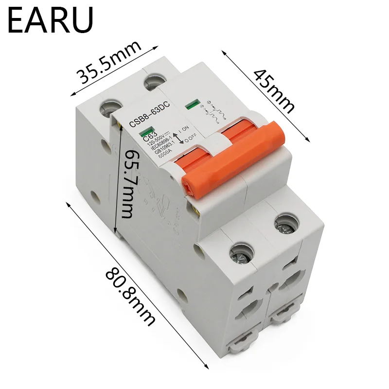 2P DC 500V Solar Mini Circuit Breaker MCB Direct-current Fuse PV System Solar Engery 1/3/6/10/16/20/25/32/40/50/63A Protector