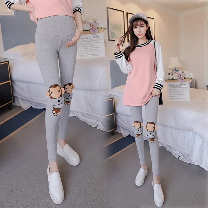 Cute baby monkey pattern pregnant women solid color women belly support trousers pregnant women leggings