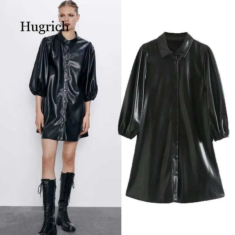 Women Street Wear Pu Leather Dress Lantern Sleeve Black Dress Turn Down Collar Loose Dress Sundress 2021