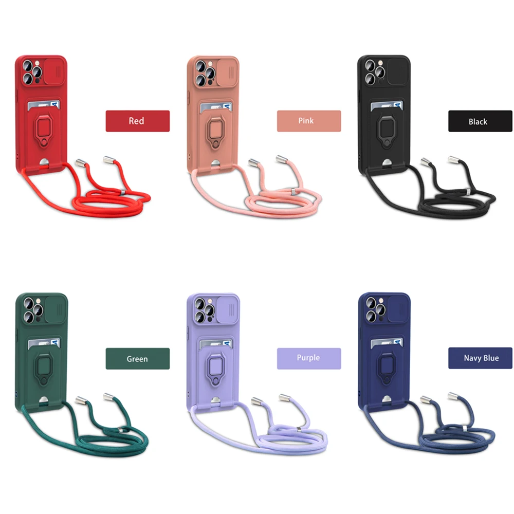 Luxury Magnetic Ring Card Holder Phone Case For iPhone 17 16 E 15 14 13 12 11 Pro Max Plus Lanyard Slider Lens Protection Cover - Image 6