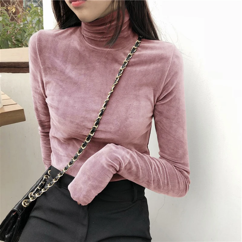 Turtleneck Velvet Tops Women Long Sleeve T Shirts Solid Color 2023 Spring Autumn Velour T-Shirts Women Basic Shirt