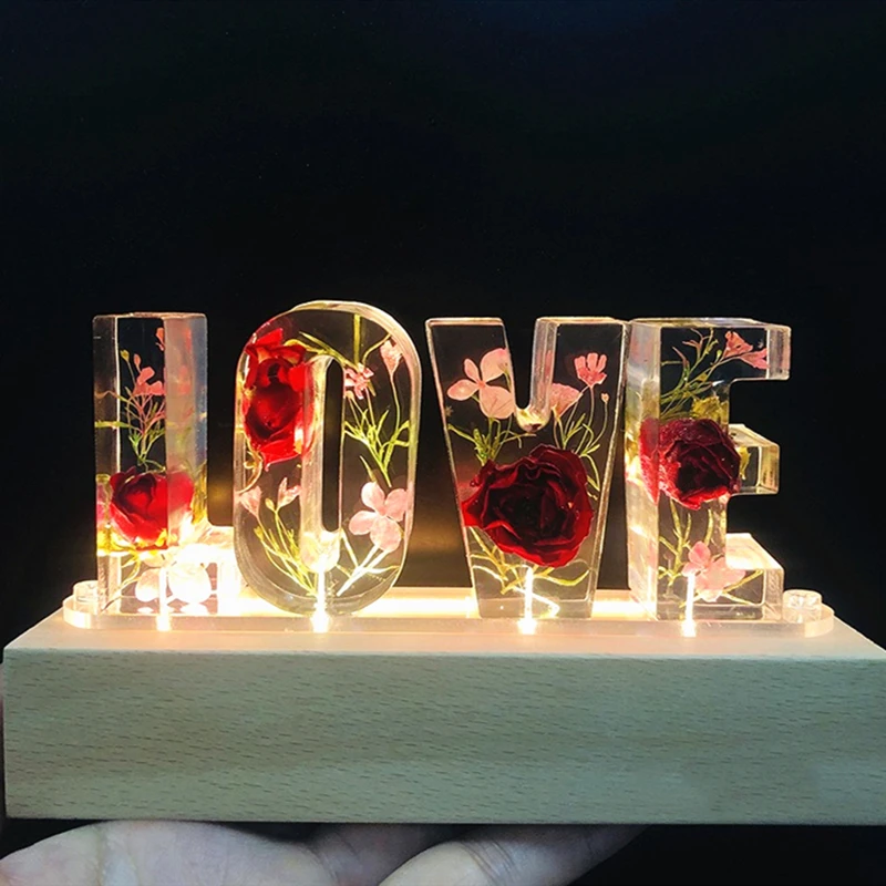 Customized A To Z Letters Dried Flower Wood Night Light Creative Romantic Table Lamp Gift for Couple Valentine Day Kid Birthday