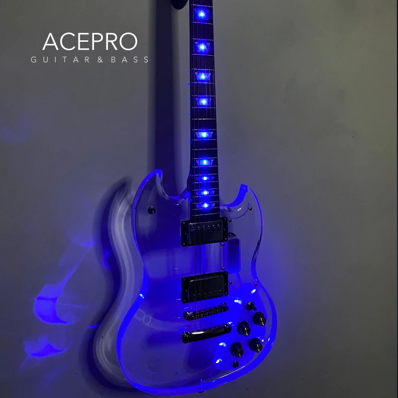 Acepro Blue LEDs Light Electric Guitar, Acrylic Body Crystal Guitarra, Transparent Pickguard, Chrome Hardware, High Quality