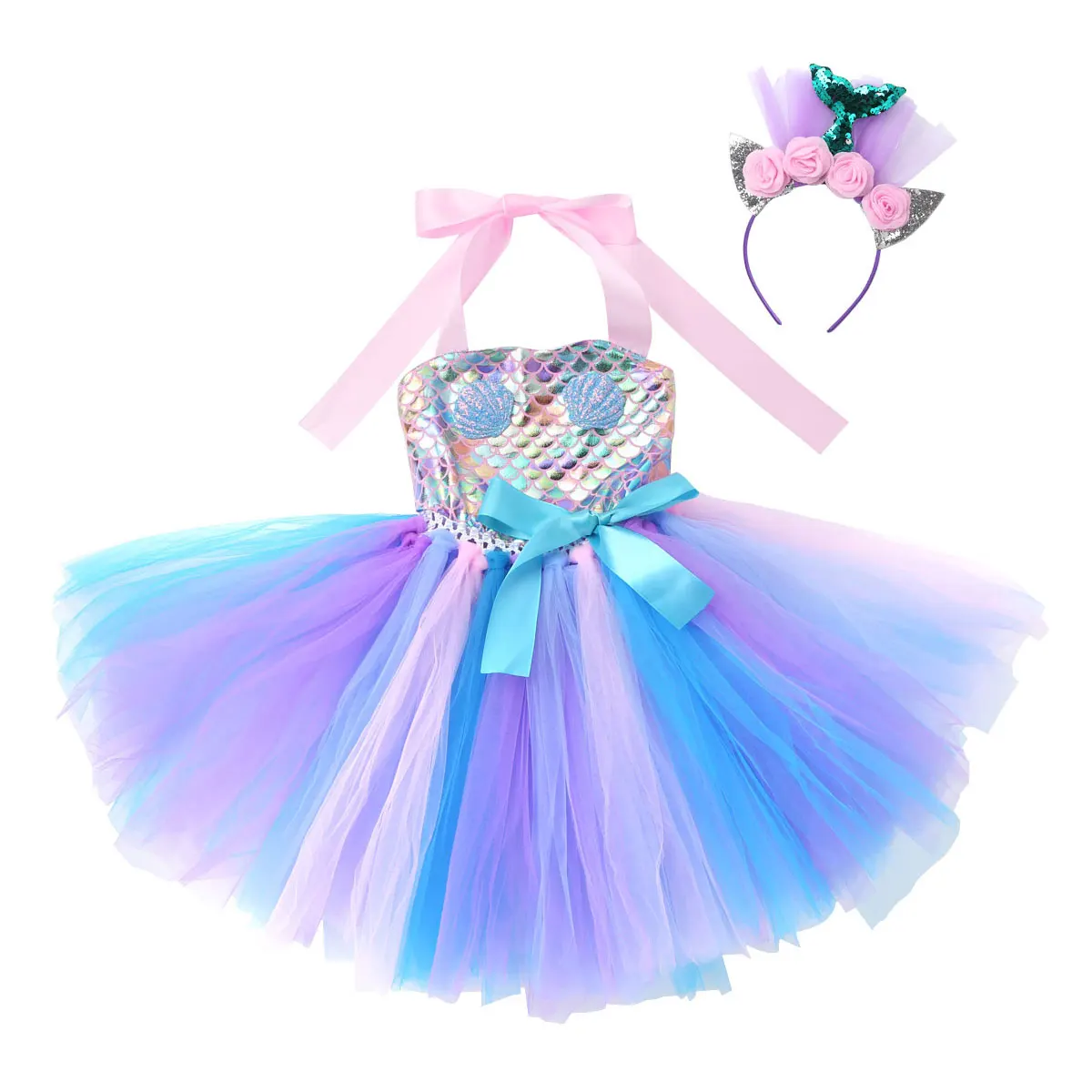 Kids Girls Halloween Cosplay Costume Toddlers Mermaid Princess Tutu Dress Prom Carnival Theme Party Dress Up Roleplay Clothes