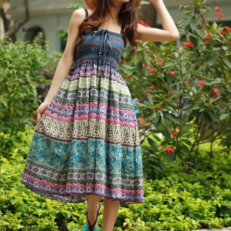 High Waist Boho Floral Women Long Skirt Pleated A-line Elastic Sashes Vintage Women\'s Skirts Spring Summer Fashion beach Clothes