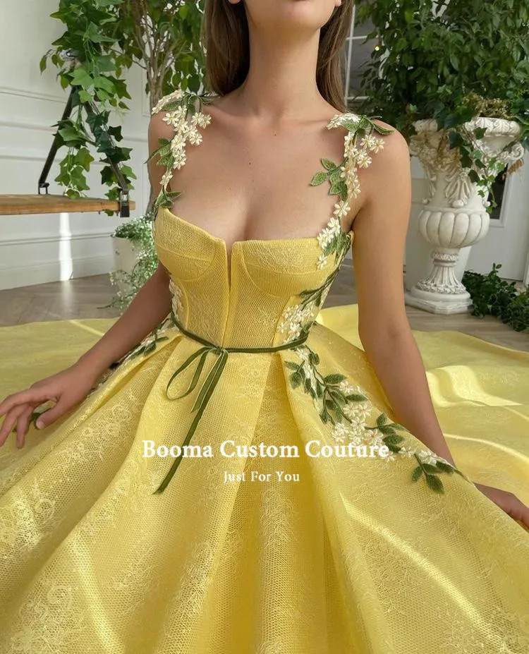 Booma Yellow Lace A-Line Prom Dresses Spaghetti Straps Appliques Pleated Formal Party Dresses Ribbon Belt Open Back Prom Gowns