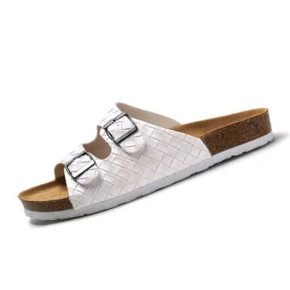 2024 New Cork Slipper Men Woven Buckle Casual Beach Flip Flops Fashion Summer Outside Flats Slides Shoes White Black Apricot