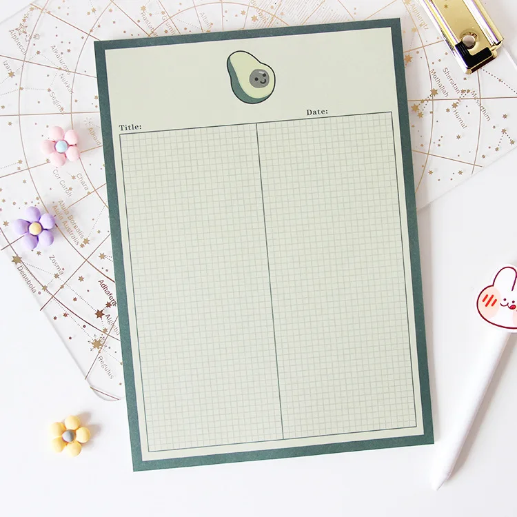 SIXONE-Bloc de notas de cuadrícula de aguacate con Oso de dibujos animados, pegatinas Kawaii, diario de Estudiante, libro de notas escolares para