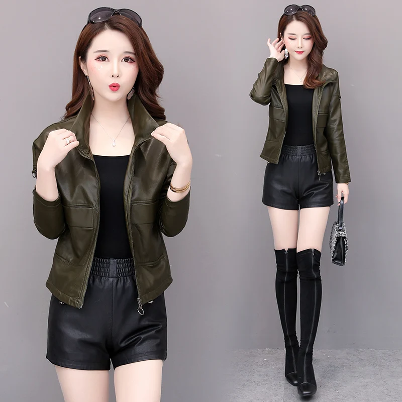 

Spring jacket ladies Pu leather jacket short autumn zipper jacket locomotive leather small suit faux leather slim black dark gre