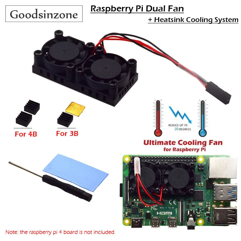 Raspberry Pi 4 Dual Fan with 4B Heatsink Kit, Raspberry Pi Cooling Fan Kit with Tape for Raspberry Pi 4 Model B / 3B+