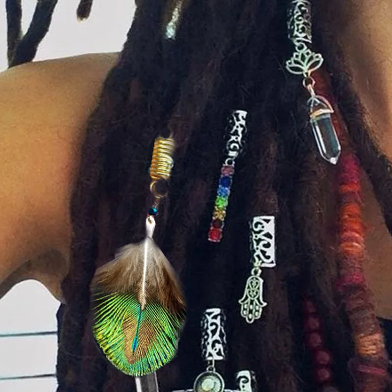 Green Feather Bead, Boho Dread Bead, Peacock Loc Bead, Dread Bead, Dreadlock Bead, Loc Bead, Boho Hair Accessories