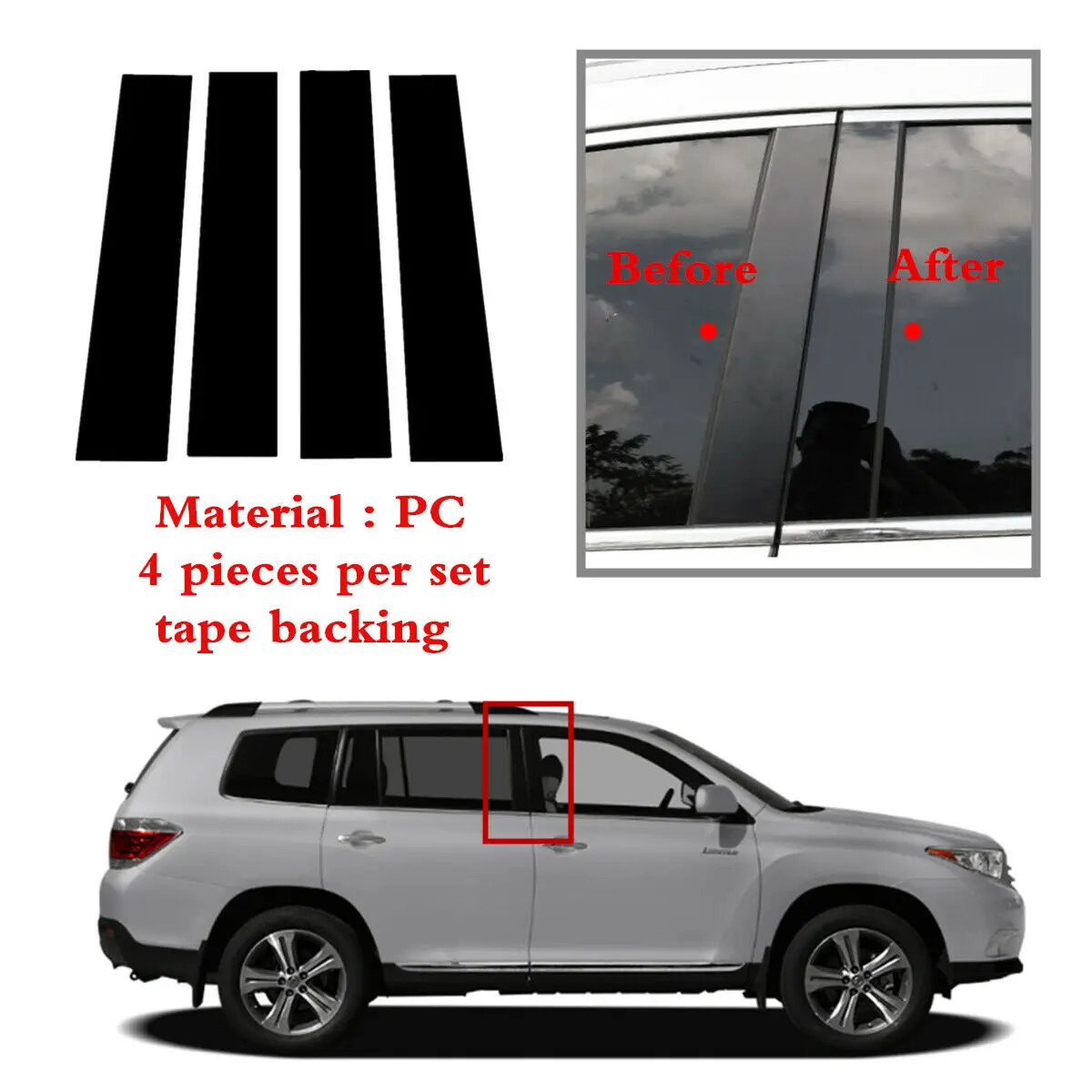 

Fit For TOYOTA Highlander 2008-2013 2014-2019 Left Right Door Window Trim Applique Pillar Posts Piano Cover Gloss Black