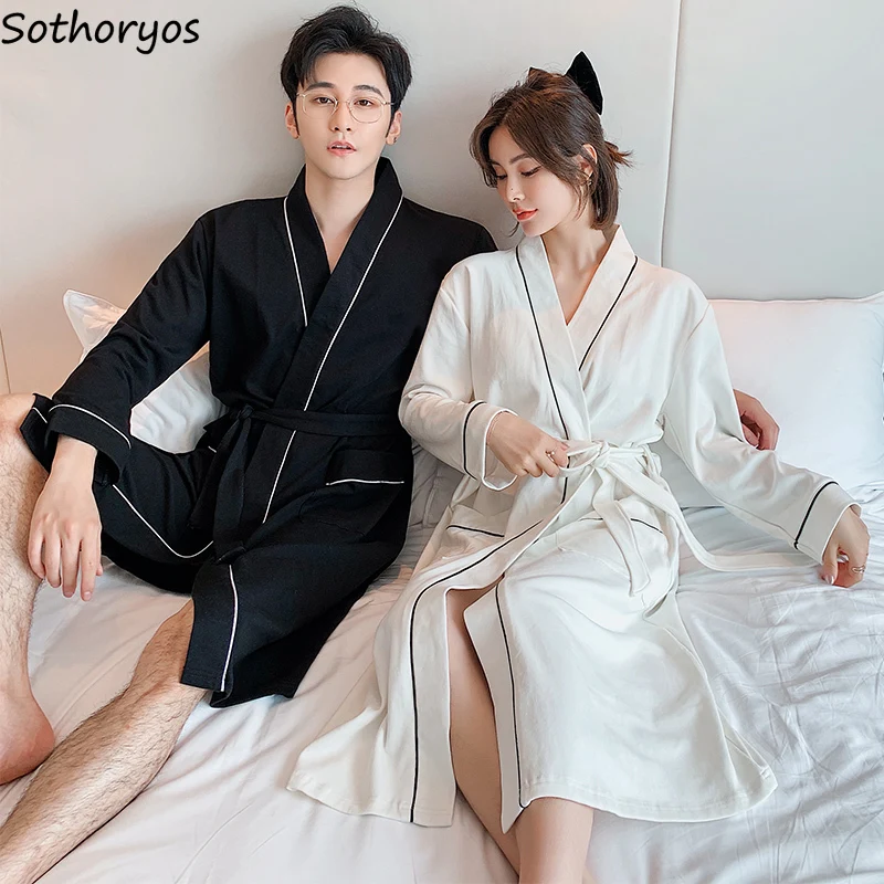 

Spring Couples Robes Women Basic Long Sleeve Sleepwear Loose Soft Cozy Simple V Neck Pockets Bathrobes Belt Fall Casual Nighty