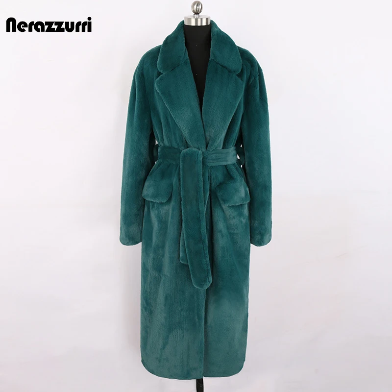 Nerazzurri Winter Long Green Warm Soft Loose Fluffy Faux Fur Coat Women Belt Lapel Elegant  Luxury Designer Korean Fashion 2021