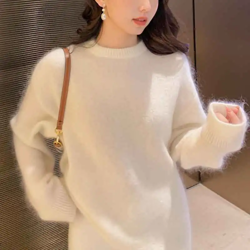 JSXDHK 2024 New Pink Soft Mohair Knitted Sweaters Lazy Style Autumn Winter Women Mink Cashmere Warm Thick O Neck Loose Pullovers