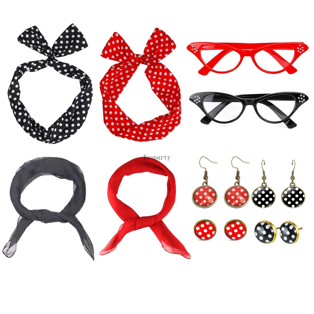 Womens 50s Costume Accessories 1950s Grease Scarf Headband Glasses Earring Set 50s 80s decorations