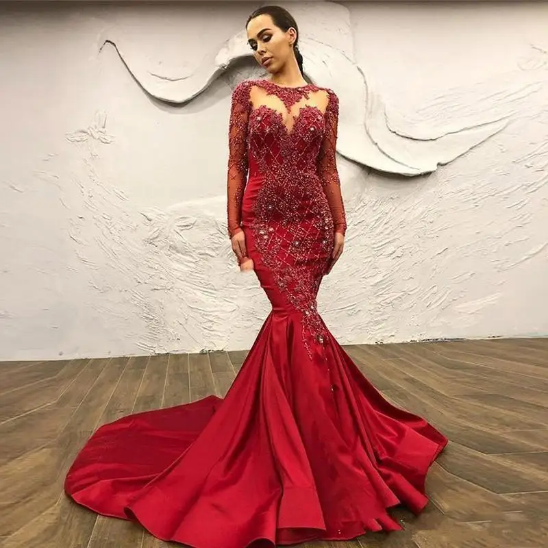 2020 New Dubai Luxury Red Crystal Mermaid Evening Dresses With Detachable Train Modest Full Sleeve Long Beaded Lace Prom Gowns