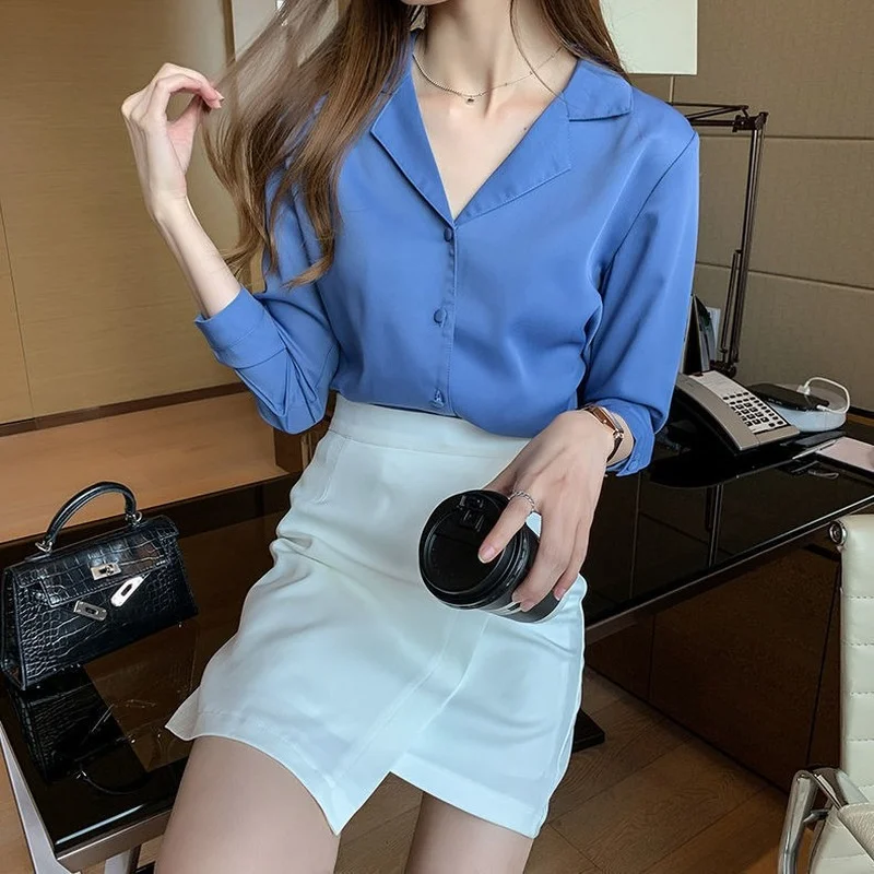 Shirt Women Solid Chiffon Design Autumn Long Sleeves Elegant Casual Korean Style Chic Single Breasted Notched Collar Ladies Hot