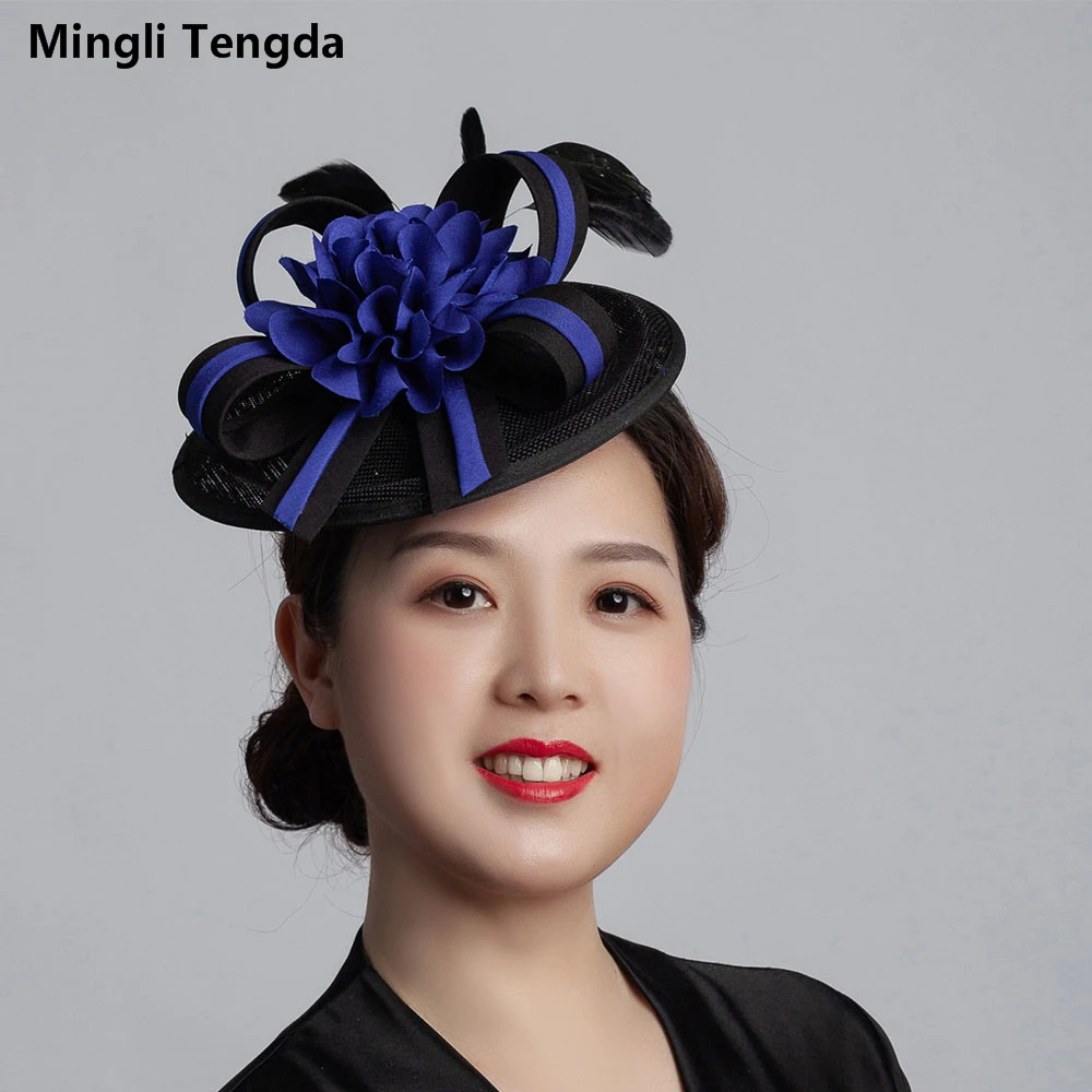 Mlingli Tengda 多色麻ティアラファッションウェディングアクセサリーパーティー帽子ジョッキーガーゼの羽のヘッドドレスブライダル帽子キャップ花嫁