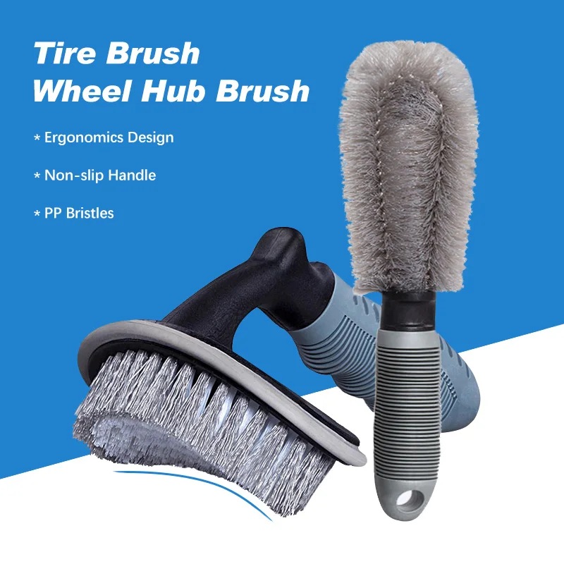 2PCS Car Tire Brush Kit Car Rims Wheel Hub Cleaning Brush  Truck Motorcycle Wash Tool Non-Slip Handle Wheels Brush Dust Remover