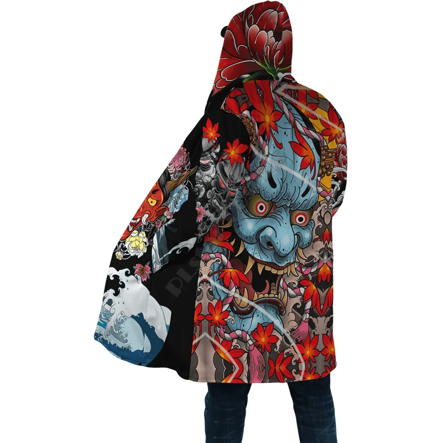 Winter Men For Women Hooded Cloak Japanese Oni Mask 3D Over Printed Cloak Fleece Wind breaker Warm Hood Cloak