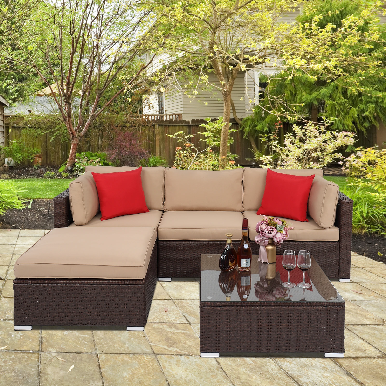 5Pcs Outdoor Patio Rattan Furniture Set 2 Corners 1 Armless Sofa 1 Foot Drag 1 Square Coffee Table Brown[US-Depot]