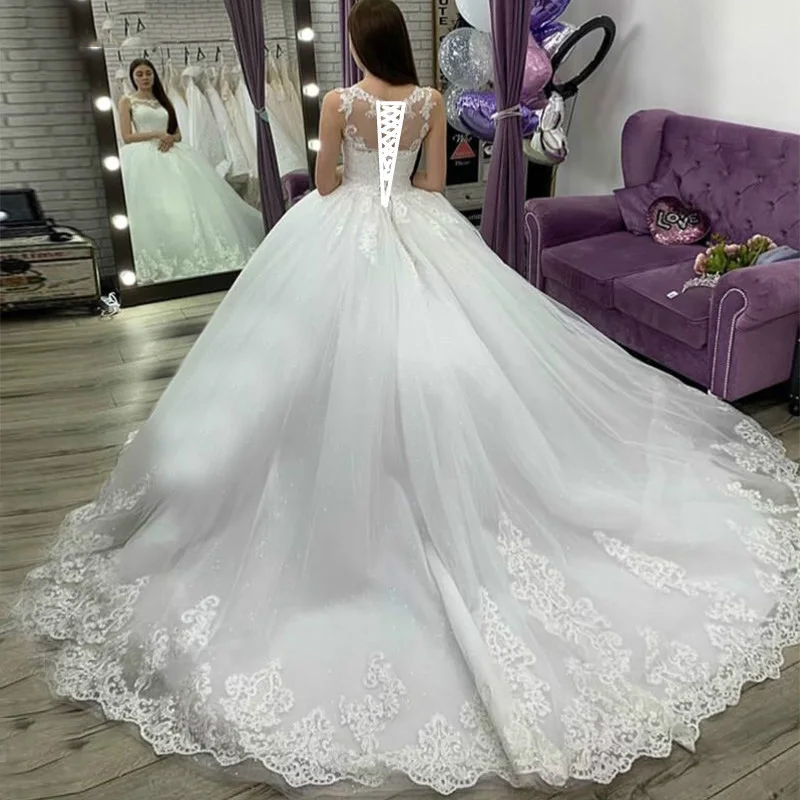 E jue shung branco rendas apliques vestido de baile vestidos de casamento rendas até voltar vestidos de noiva de luxo