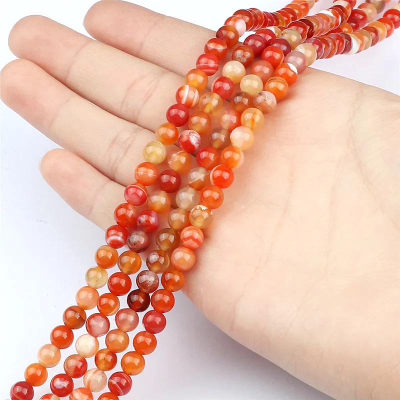 Handmade DIY Bracelet Necklace Carnelian Orange Smooth Natural Stone 8/6/4mm Striped Round Loose Bead Jewelry Making Accessories