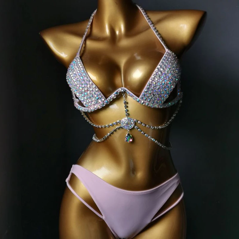 NEW Bikini Set Women Bling Diamante Carnival Bra Crop Top Crystal Panties Rave Festival Bikini Set Burning Man Outfit Club Wear