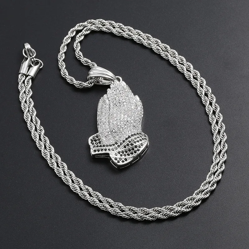 Shiny Iced Out Bling Pendant Necklace Hip Hop Jewelry Praying Hands Necklace Silver Color Cubic Zircon Men's Women Gift