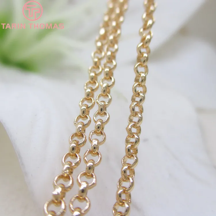 (4292)2 Meter 2MM 2.5MM 3MM 24K Champagne Gold Color Plated Brass Round Link Chains Necklace Chains Quality Jewelry Accessories