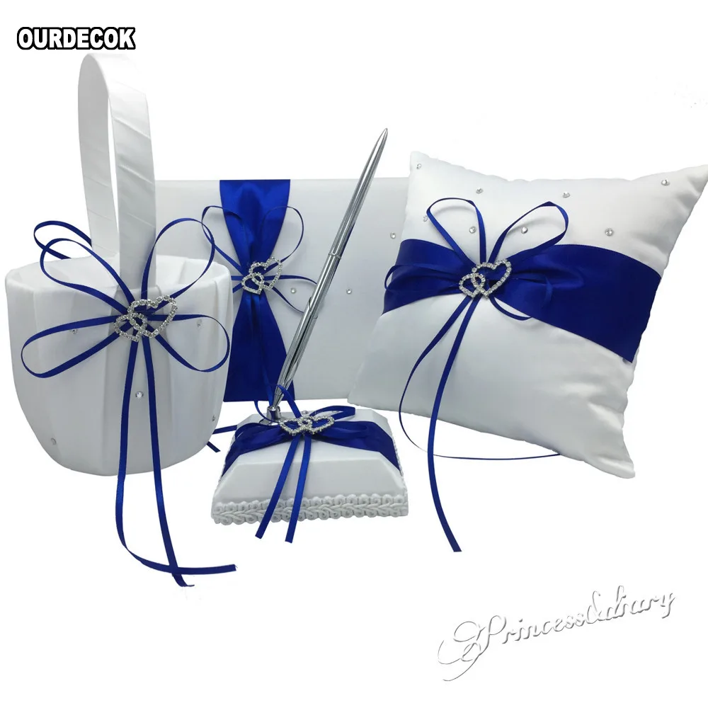 

4Pcs/set 5Colors Wedding Decoration Bridal Satin Ring Pillow+Flower Basket+Guest Book+Pen Set Casamente Products