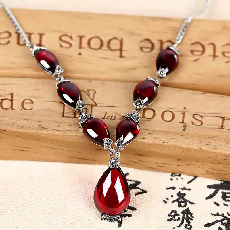 ZHJIASHUN Retro Natural Garnet Ruby 100% 925 Sterling Silver Necklace Pendant For Women Vintage Gemstones Pendants Jewelry