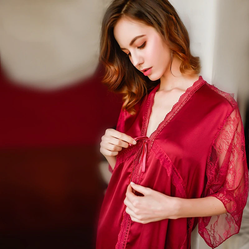 High quality new red elegant female lace stitching satin sleeve embroidery long cardigan nightgown nightdress suit