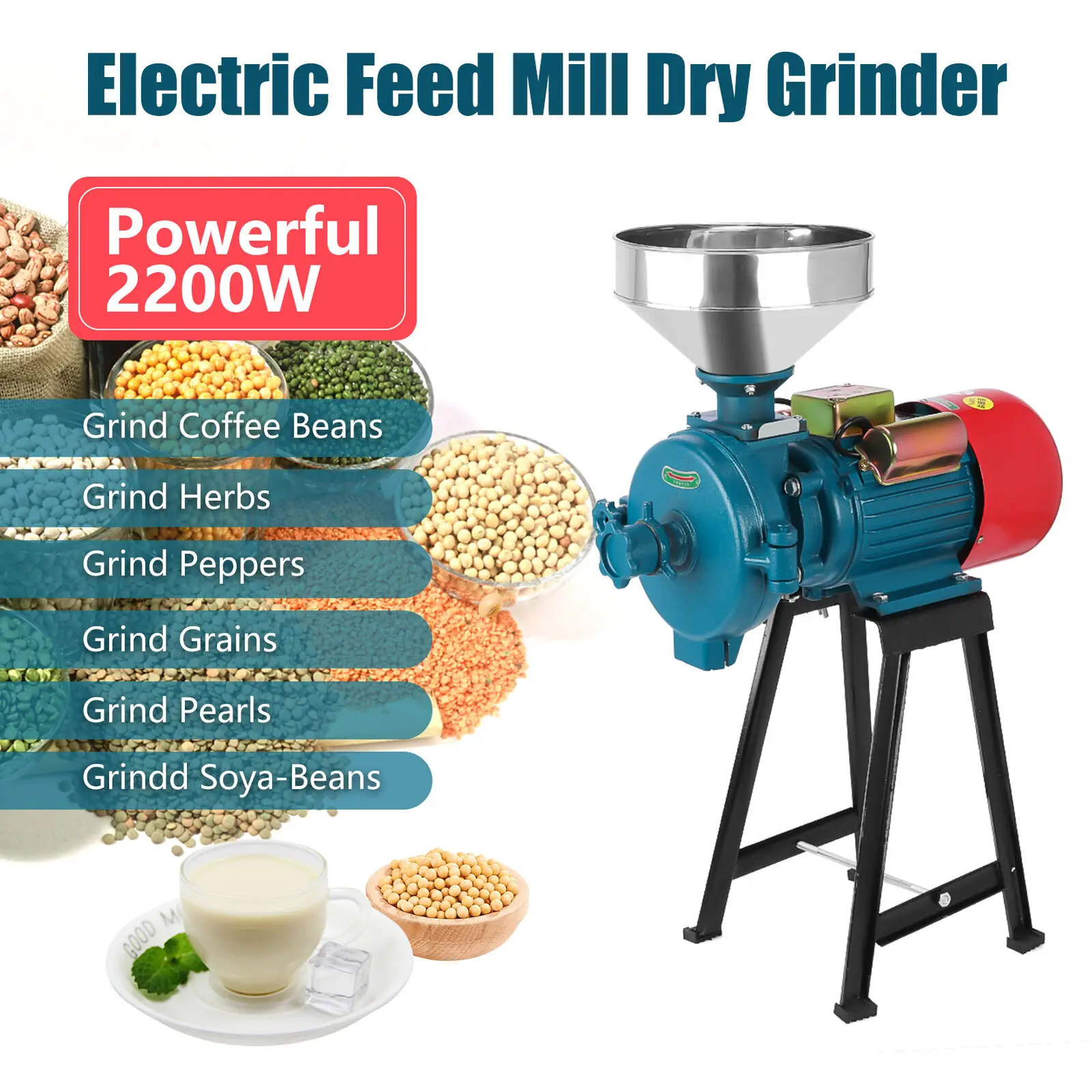 220V Electric Feed Mill Wet Dry Cereals Grinder Grinding Machine for Animals Corn Rice Grain Coffee Wheat