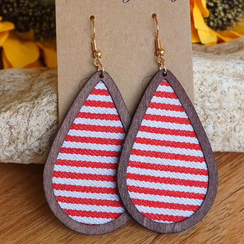 Wooden Frame Denim Stripe Earrings for Women 2021 New Stylish Cloth Fastened Natural Wood Earrings Western Style