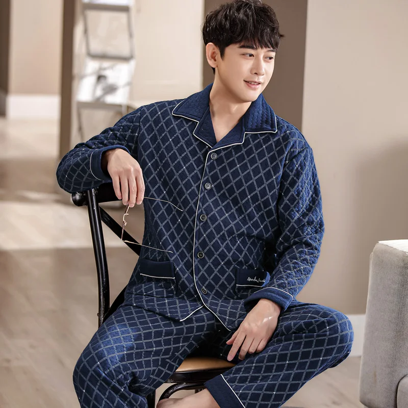 Winter Striped Men Air Cotton Pajamas Set Long Sleeve Turn-down Collar Sleepwear Loose Soft M-4XL Male Lounge Homewear