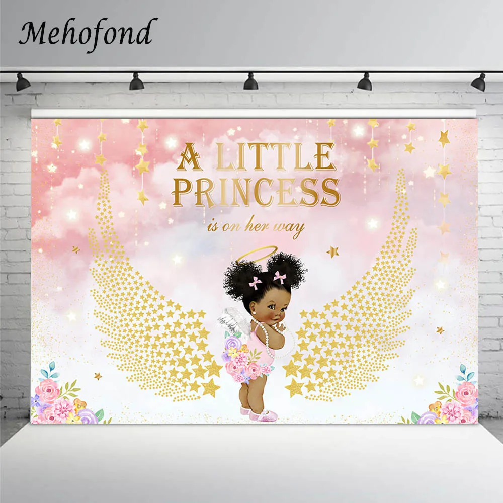 Pink Baby Shower Background For Photography Girl Gold Wings Twinkle Little Star Clouds Princess Birthday Backdrop Photo Studio