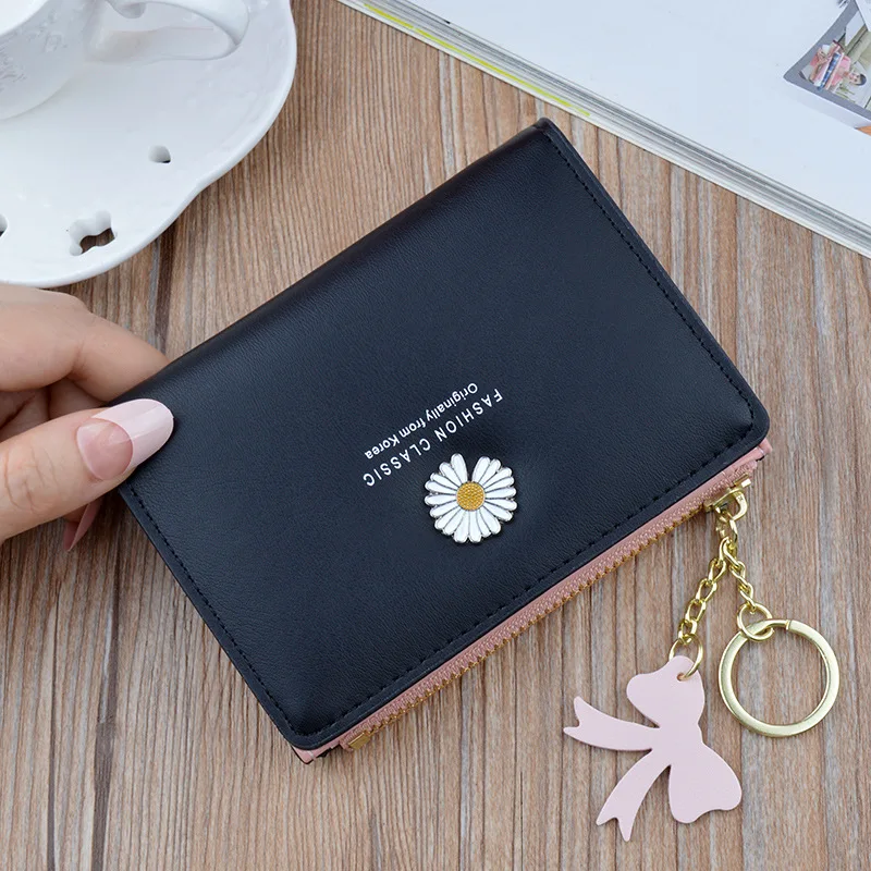 Fashion Women's Short Wallets Hasp Zipper ID Card Holders Flower Pattern Bow Tassel Money Bags Small PU Leather Coin Purses