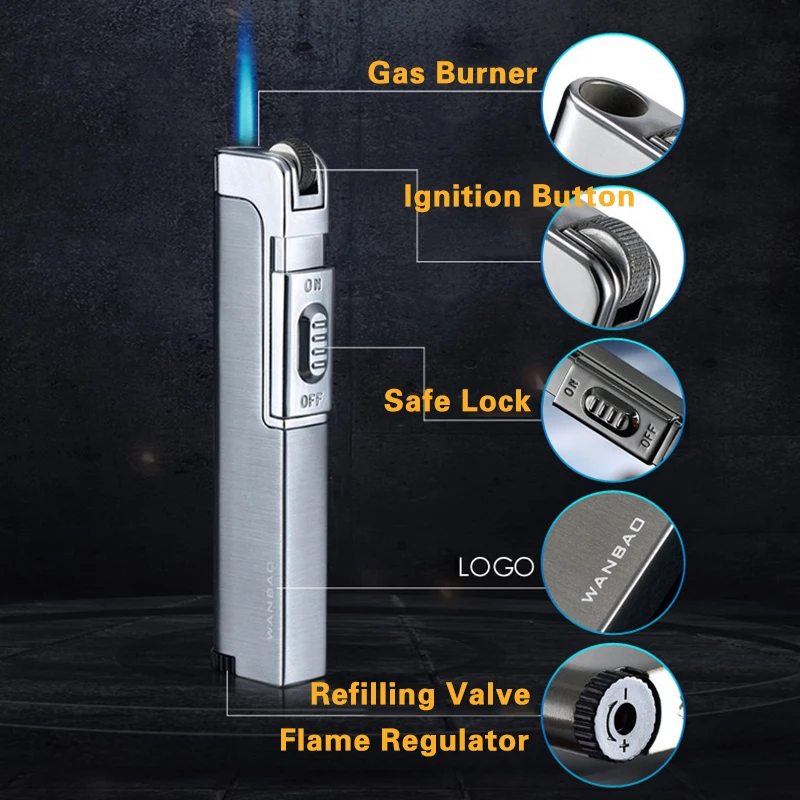 Strip Grinding Wheel Cigar Lighter Has Lock for the Fuel Button Windproof Jet Torch Lighters Refillable Butane