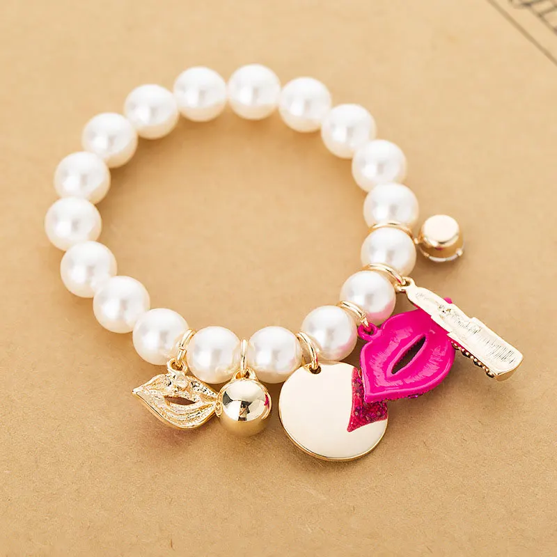 New Chain Pearls Bracelets Rhinestone Red Lips Lipstick Pearl jewelry Pulseiras Bracelet Ladies Accessories