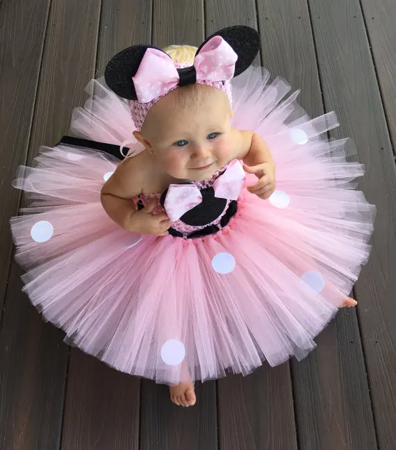 Baby Girls Pink Mickey Cartoon Tutu Dress Kids Crochet Dress with White Dots and Hairbow Children Birthday Party Costume Dresses