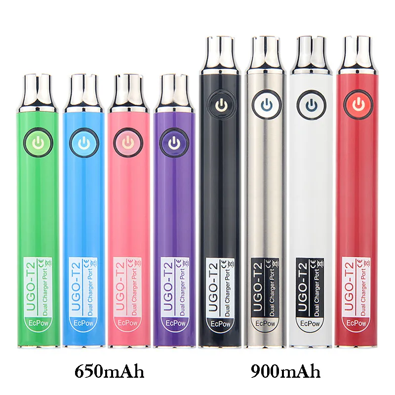 UGO-vaporizador T2 de doble puerto, 2 piezas, auténtico, carga USB, 650, 900 mah, precalentamiento, Evod, voltaje Variable, batería de 510 hilos