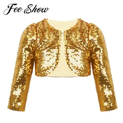 Kids Girls Glitter Sparkly Contemporary Jazz Street Dance Short Jacket Cropped Blazer Children Performance Cardigan Top Costume