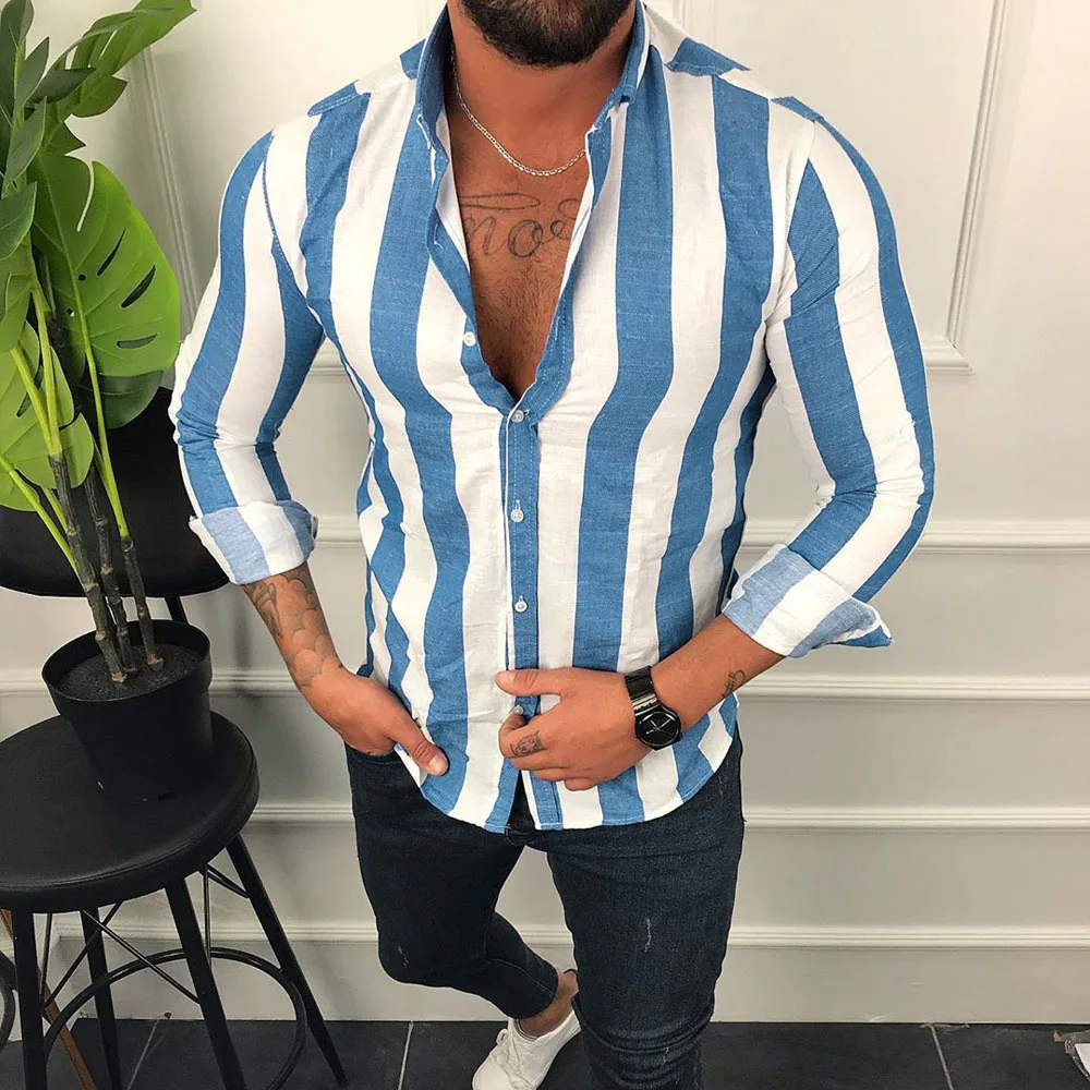 

New 2021 Spring Men Linen Muscle Shirts Male Casual Slim Fit Stripe Printed Long Sleeve Button Down Daily Tops Clothing